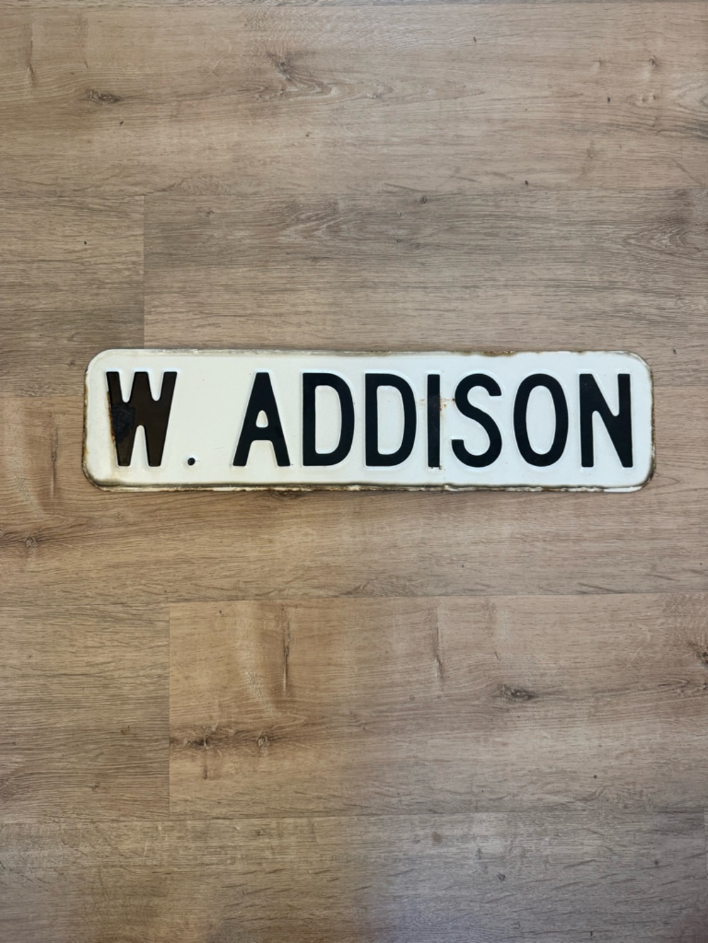 Vintage White Enamel 'W. Addison' Street Sign with Black Lettering
